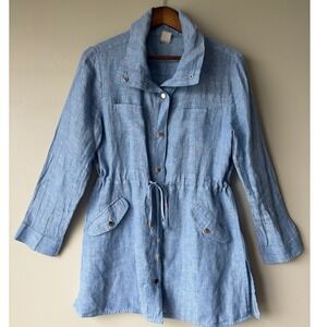 Chico's Blue 100% Linen Utility Jacket Shirt Shacket Petite Size 1P 8/10P